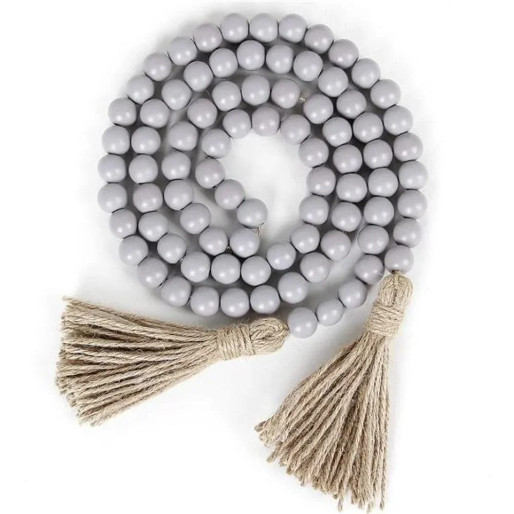 Wood Bead Garland with Tassels Wall Hanging Decoration (Gray)